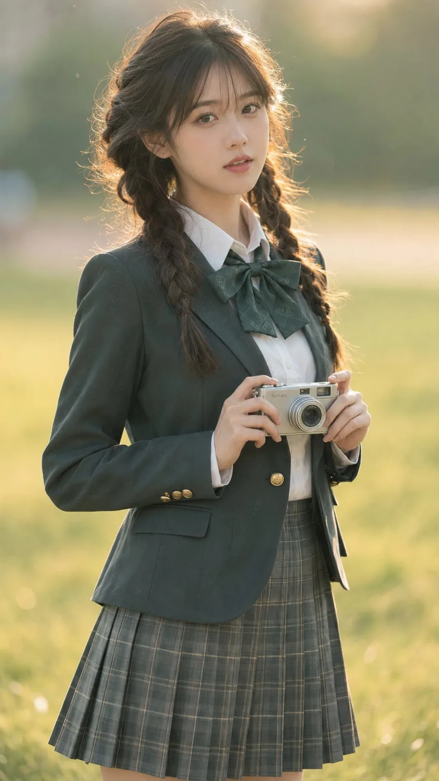 East asian female campus dark green academy style portrait — After