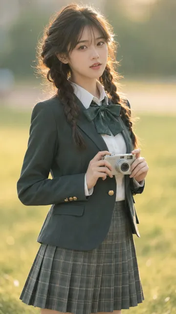 East asian female campus dark green academy style portrait