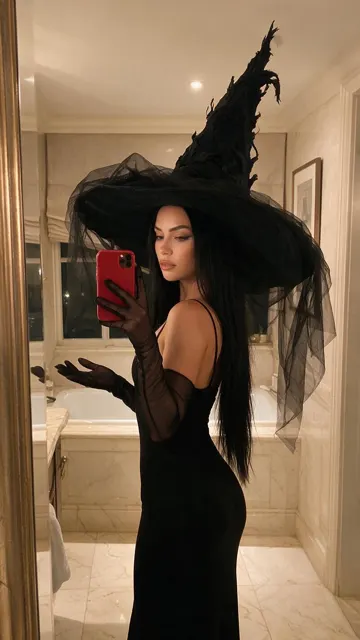 Luxury black witch halloween mirror selfie