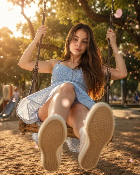 Beautiful woman swinging wide angle perspective
