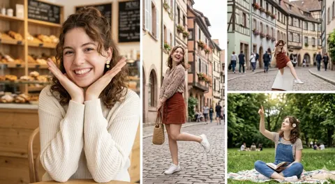 Multi panel european travel collage woman