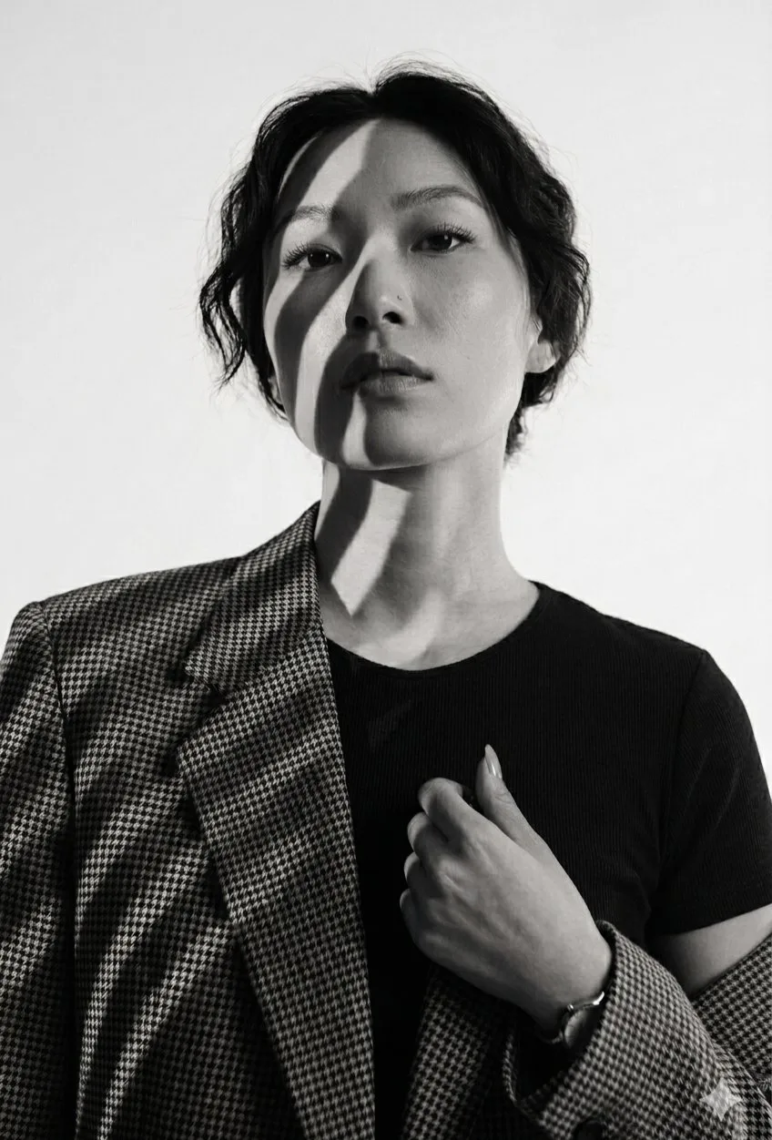 High contrast black and white editorial fashion portrait houndstooth blazer — Sonra