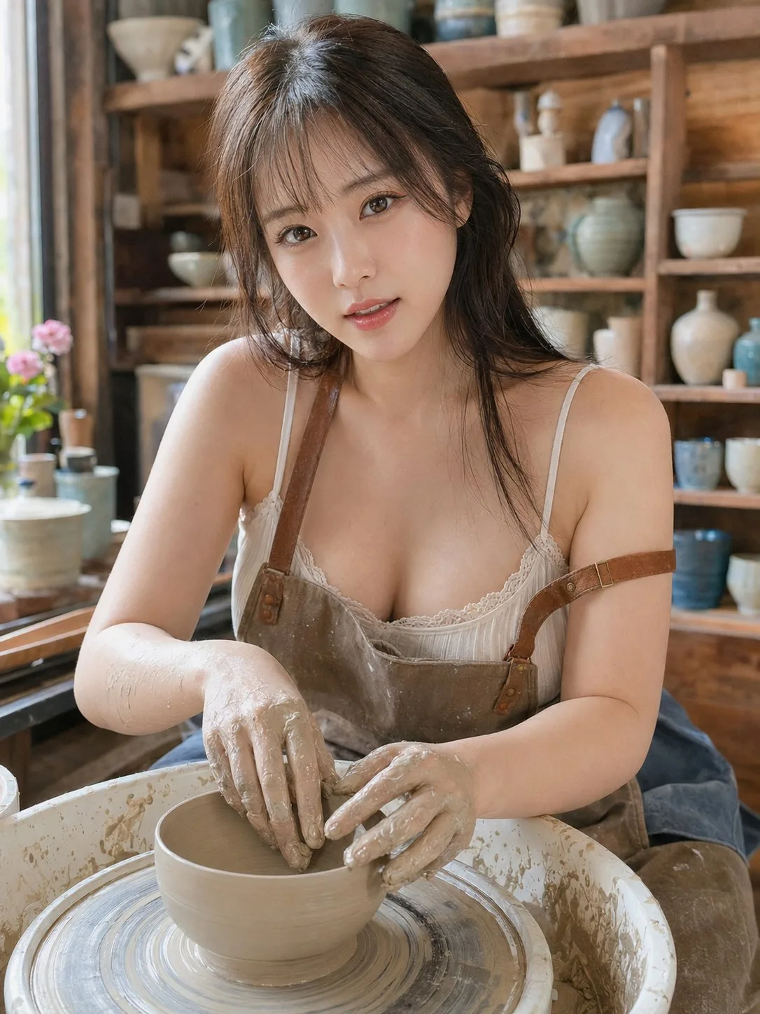 Photorealistic east asian woman pottery studio portrait — After