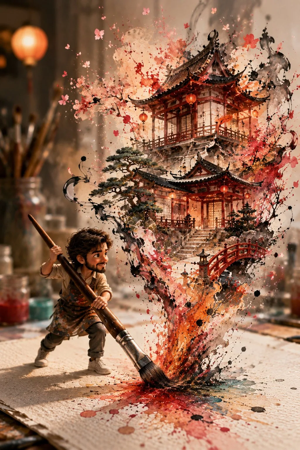 Whimsical tiny character oriental ink painting — Sonra