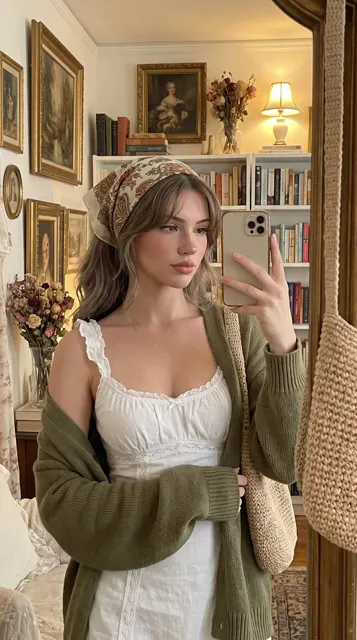 Ultra realistic vintage apartment doll like woman selfie