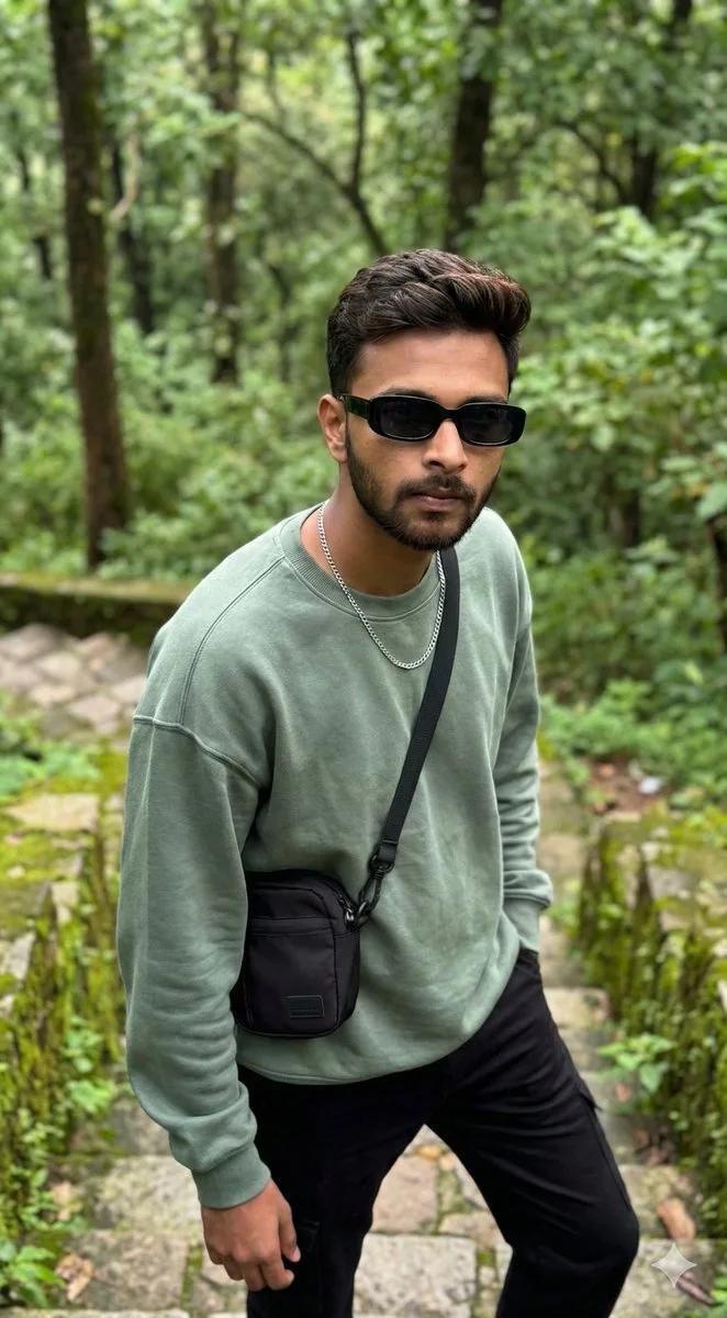 Relaxed male model on moss steps — Sonra