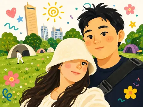 Cute korean webtoon couple outdoor selfie