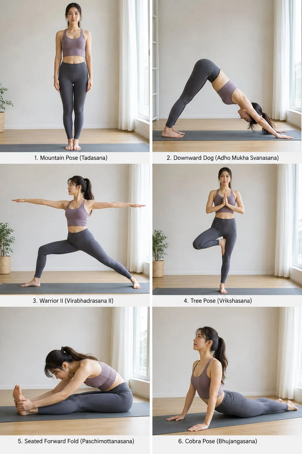 Realistic yoga japanese woman grid poses — Sonra