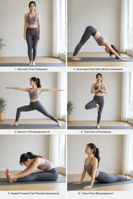 Realistic yoga japanese woman grid poses