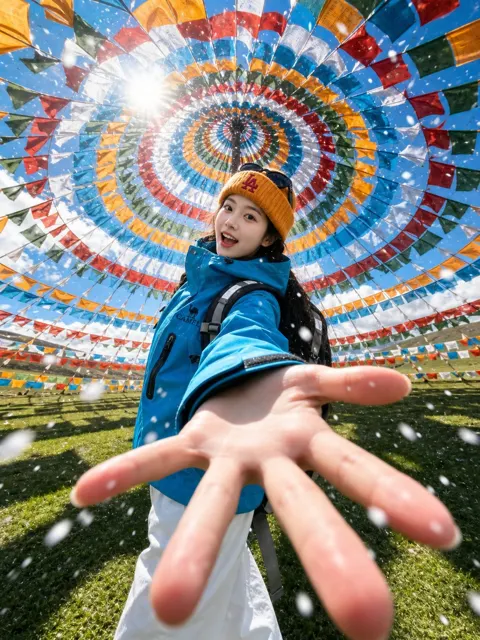 Alpine meadow tibetan prayer flags travel selfie
