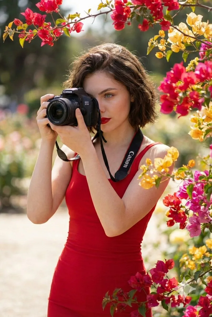 Red dress girl camera flowers — Sonra