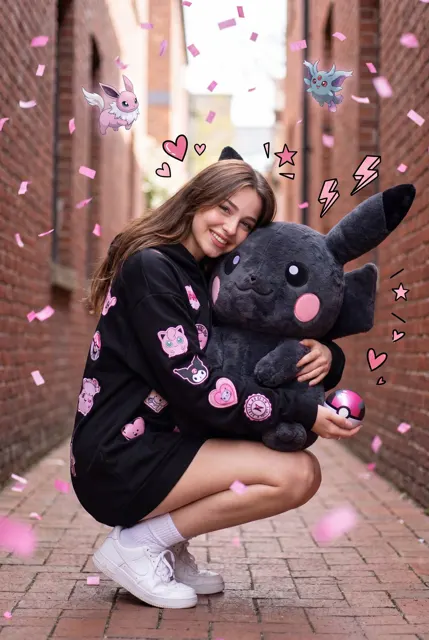 Hyper realistic pink pikachu girl alleyway fantasy