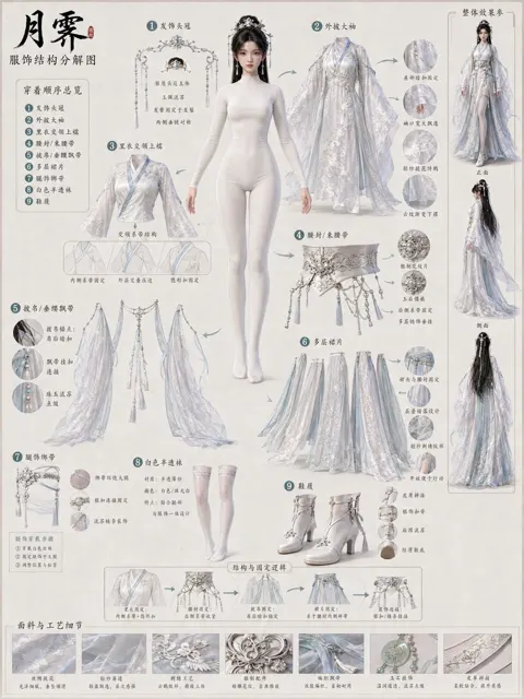 Ancient chinese 3d female character garment decomposition