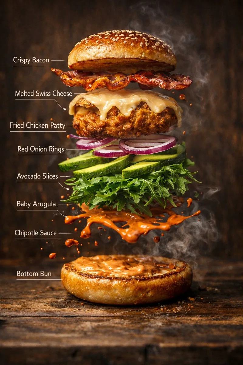 Hyper realistic floating burger infographic — Sonra