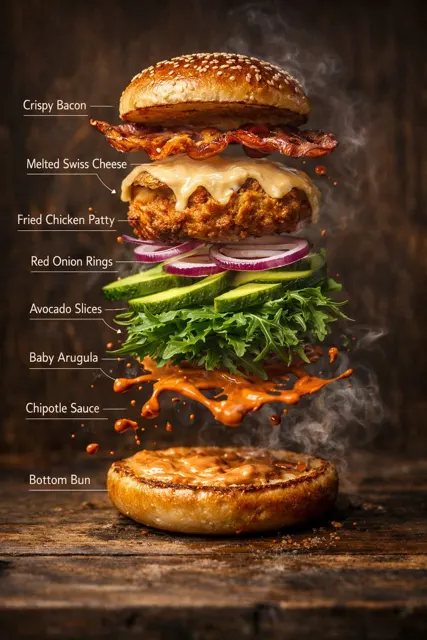 Hyper realistic floating burger infographic