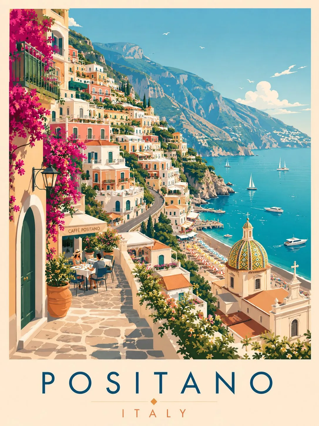 Vintage watercolor positano italy travel poster — After