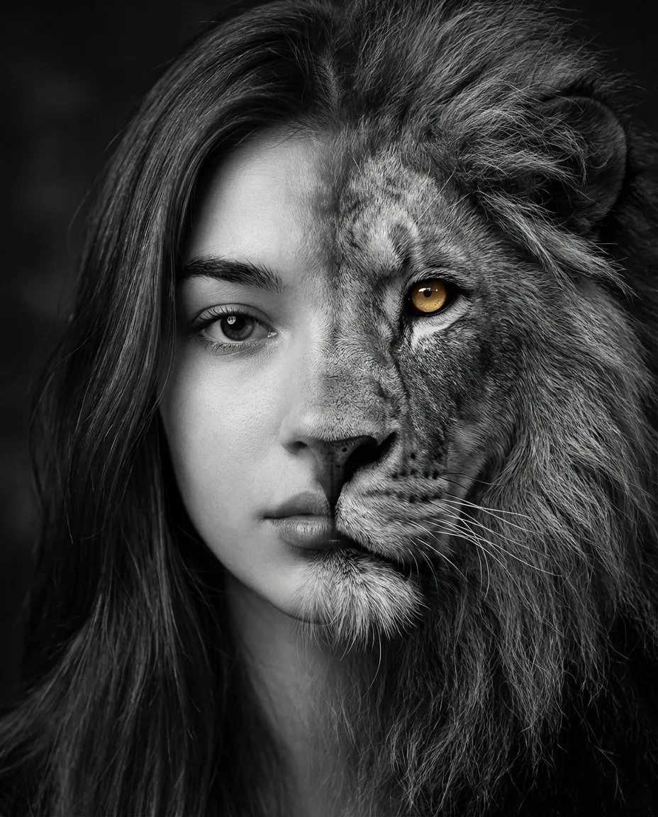 Cinematic lion fusion portrait — Sonra