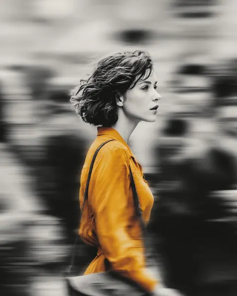 Cinematic street portrait woman yellow coat