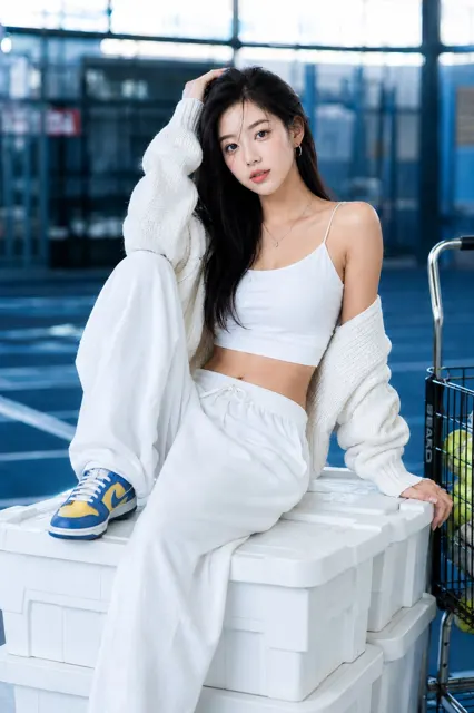 Asian woman tennis court white outfit 8k
