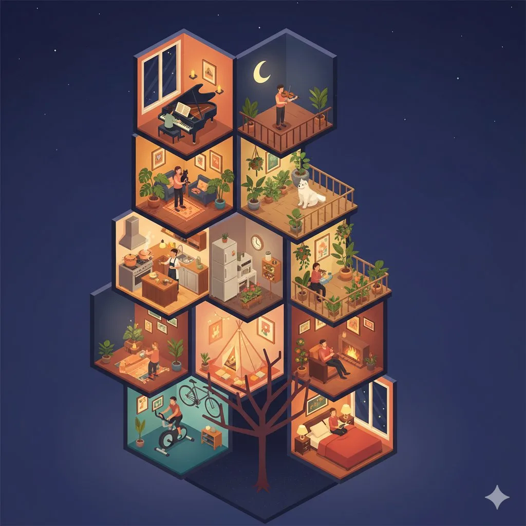Glowing vertical honeycomb apartment section — Sonra