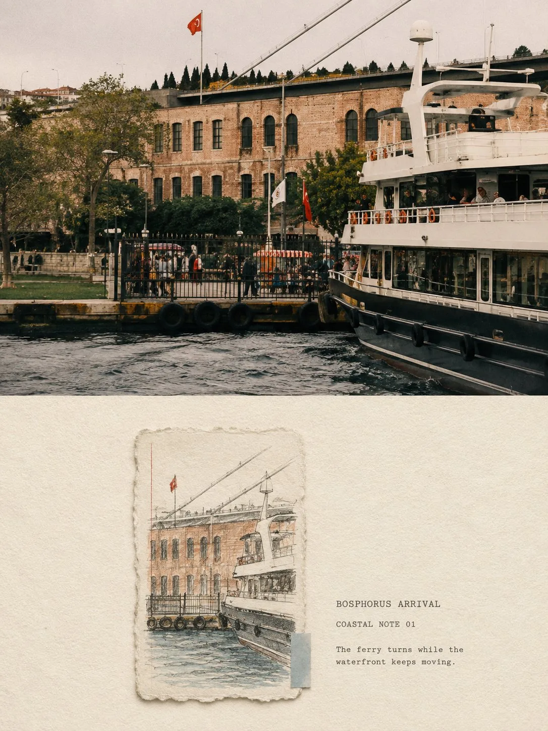 Paper window coastal memory travel poster prompt — Sonra