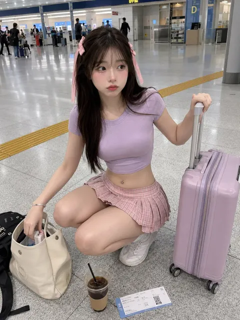 Hyper realistic airport korean girl lifestyle photo