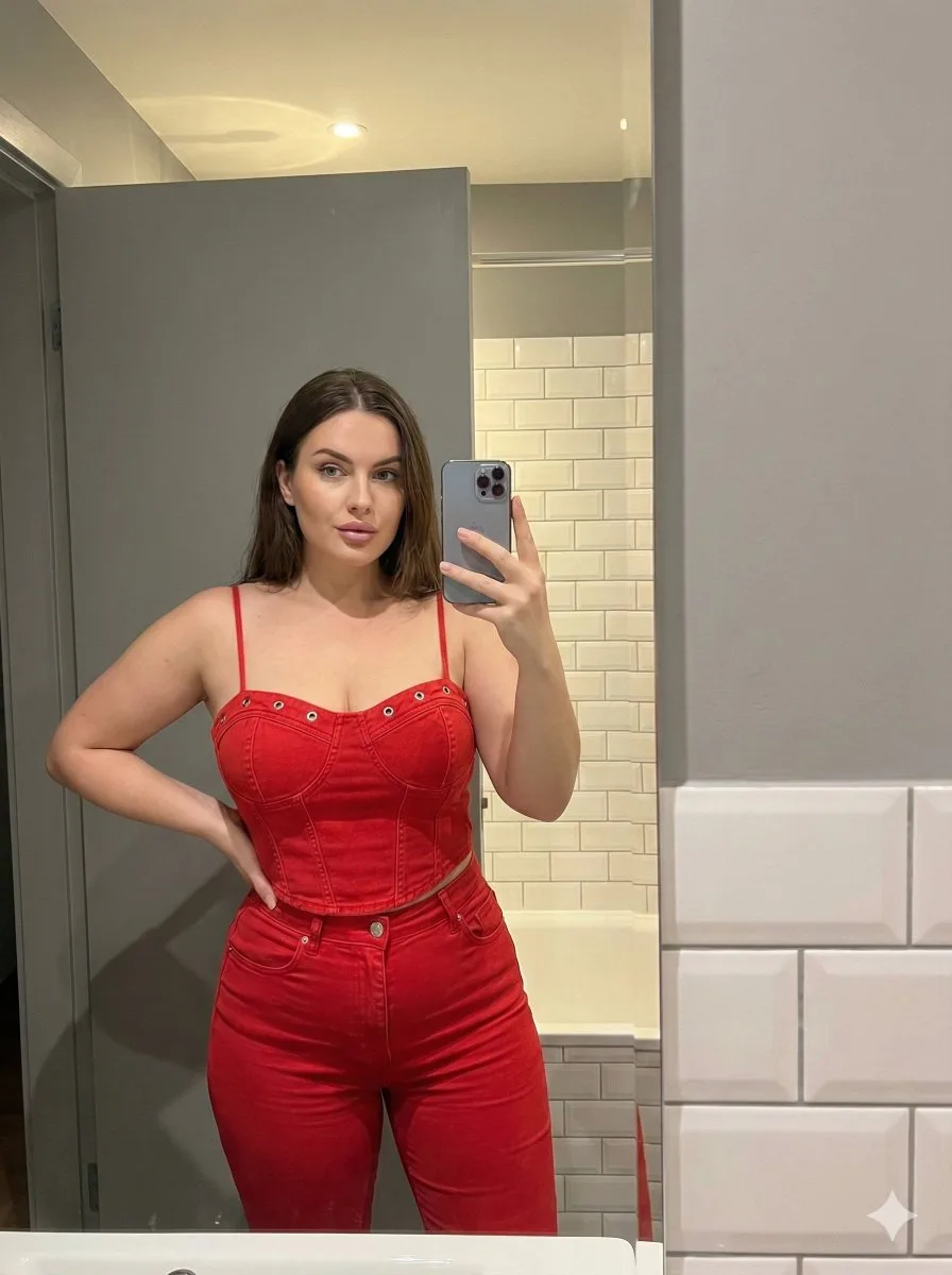 Stunning red denim bathroom selfie — Sonra