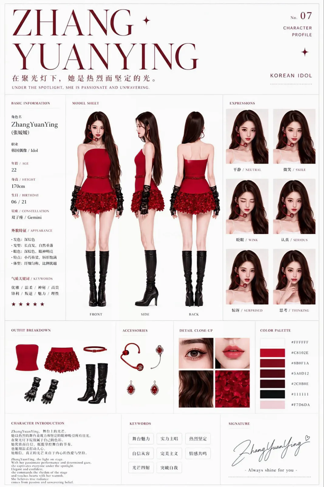 Premium magazine style character design sheet — Sonra