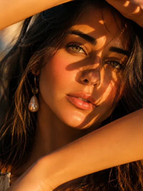 Ultra close up cinematic beauty portrait golden hour