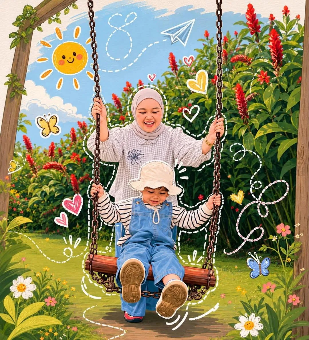 Whimsical storybook mother child garden illustration — After