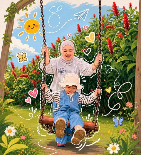 Whimsical storybook mother child garden illustration
