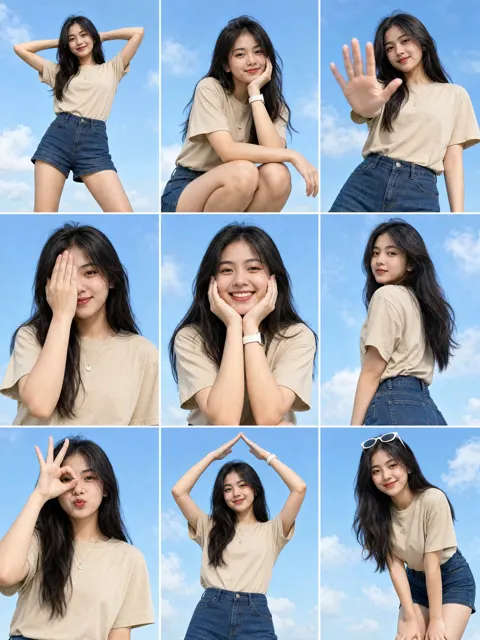 3x3 photo grid young asian woman natural poses