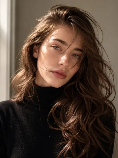 Ultra realistic chestnut hair woman portrait golden hour