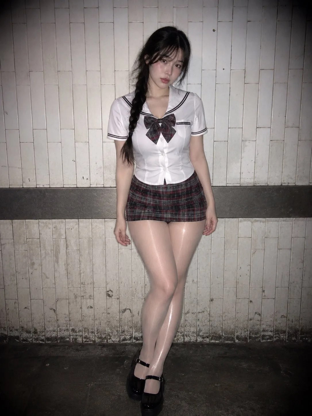 Retro flash east asian woman full body portrait — After