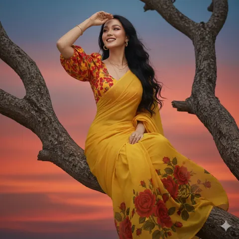 Sunset branch saree beauty