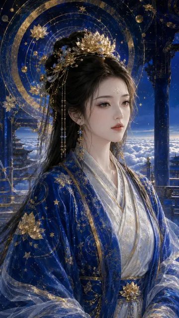 Ultramarine gold oriental lotus sacred maiden illustration