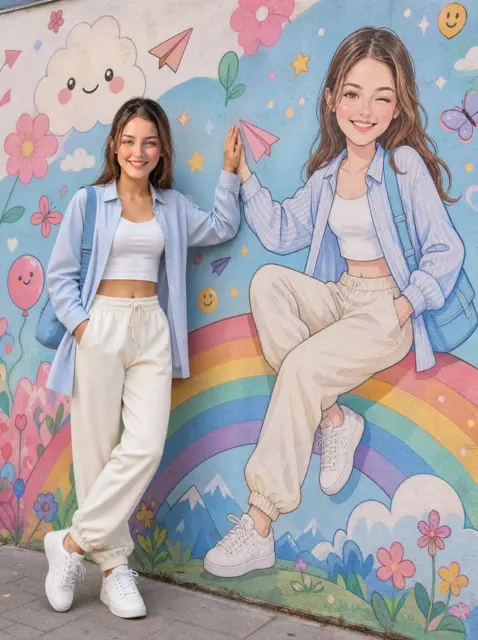 Young woman cartoon mural faithful recreation