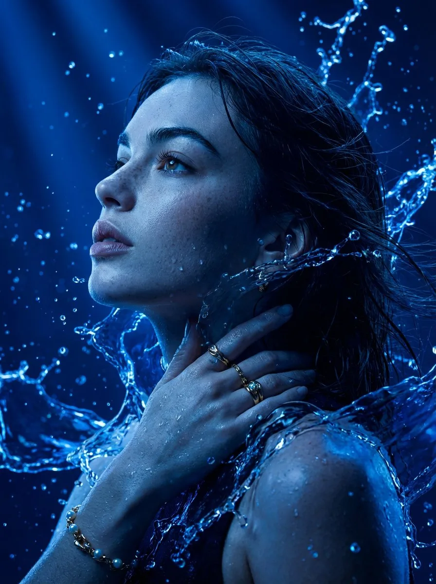 Electric blue liquid portrait — Sonra