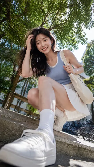 Summer campus low angle wide shot female college student