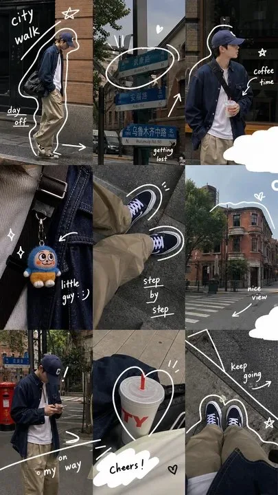 City walk men fashion collage visual journal — Sonra