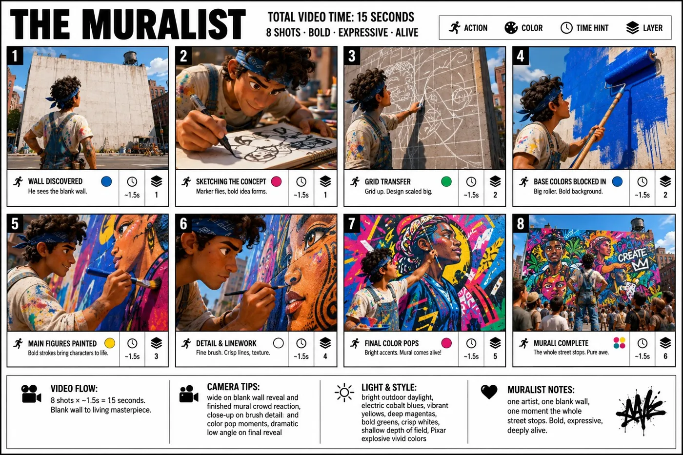 The muralist infographic storyboard pixar style — After