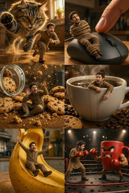 Kitchen miniature man six panel story