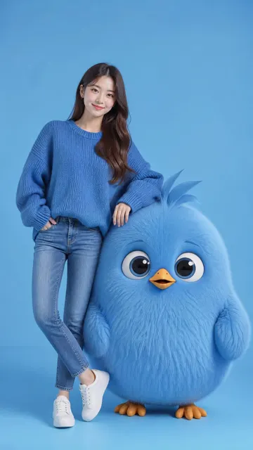 Korean woman giant blue bird studio portrait