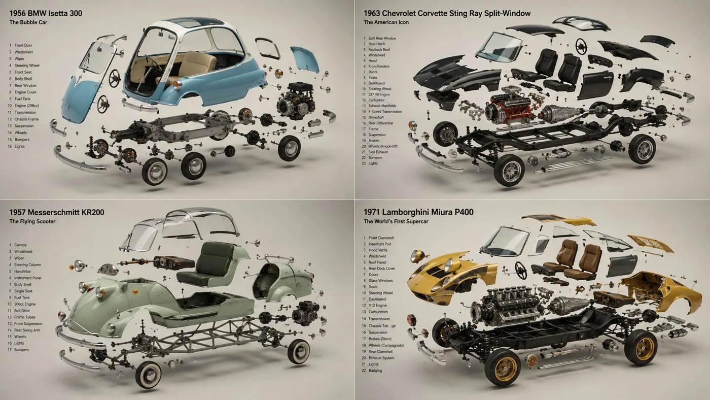 Classic car exploded view technical diagram — After