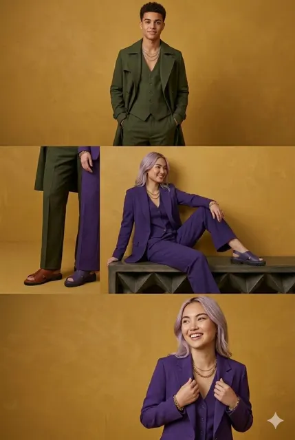 Professional monochromatic suits fashion lookbook mustard backdrop