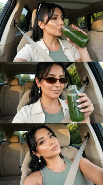 Off duty car selfie green juice detox