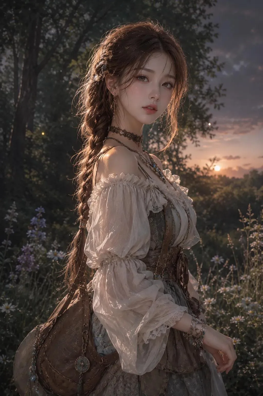 Semi realistic anime korean woman forest dusk — After
