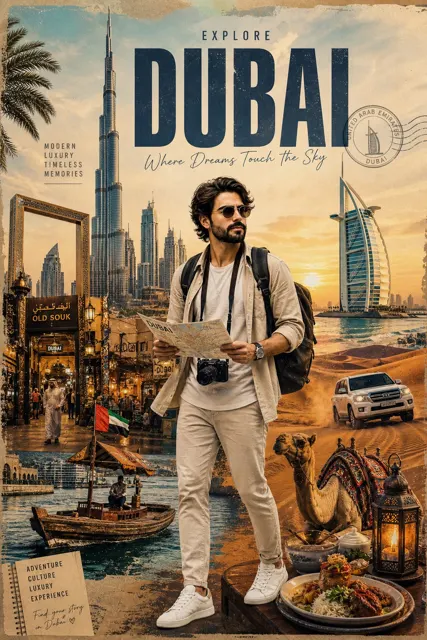 Dubai stylized travel poster tourist collage