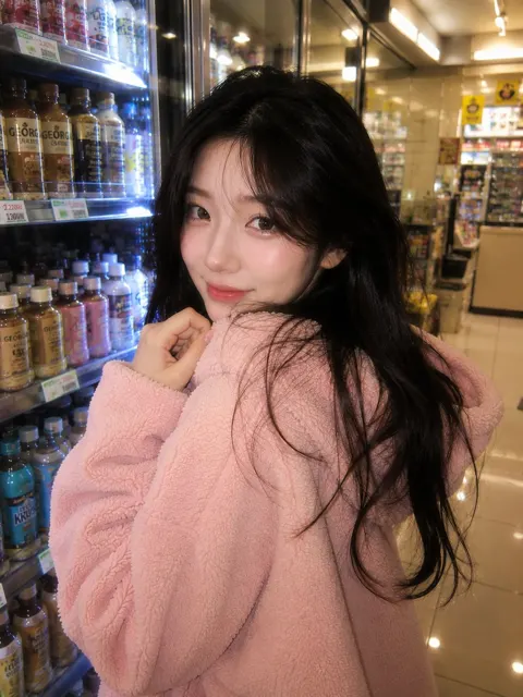 Korean convenience store pink hoodie portrait