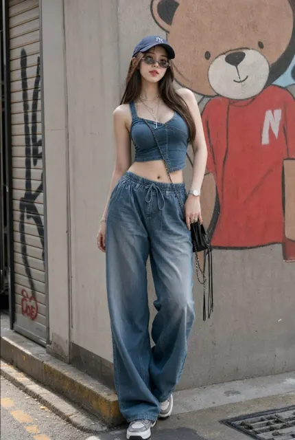 Asian woman street fashion denim outfit city mural